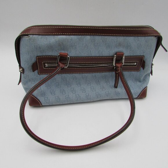 Dooney And Bourke Handbag Double Pocket Bag Denim & Chocolate Leather Handles - Picture 3 of 12